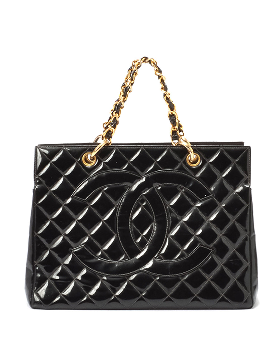 Home Vintage Chanel Handbags Black patent leather quilted tote bag