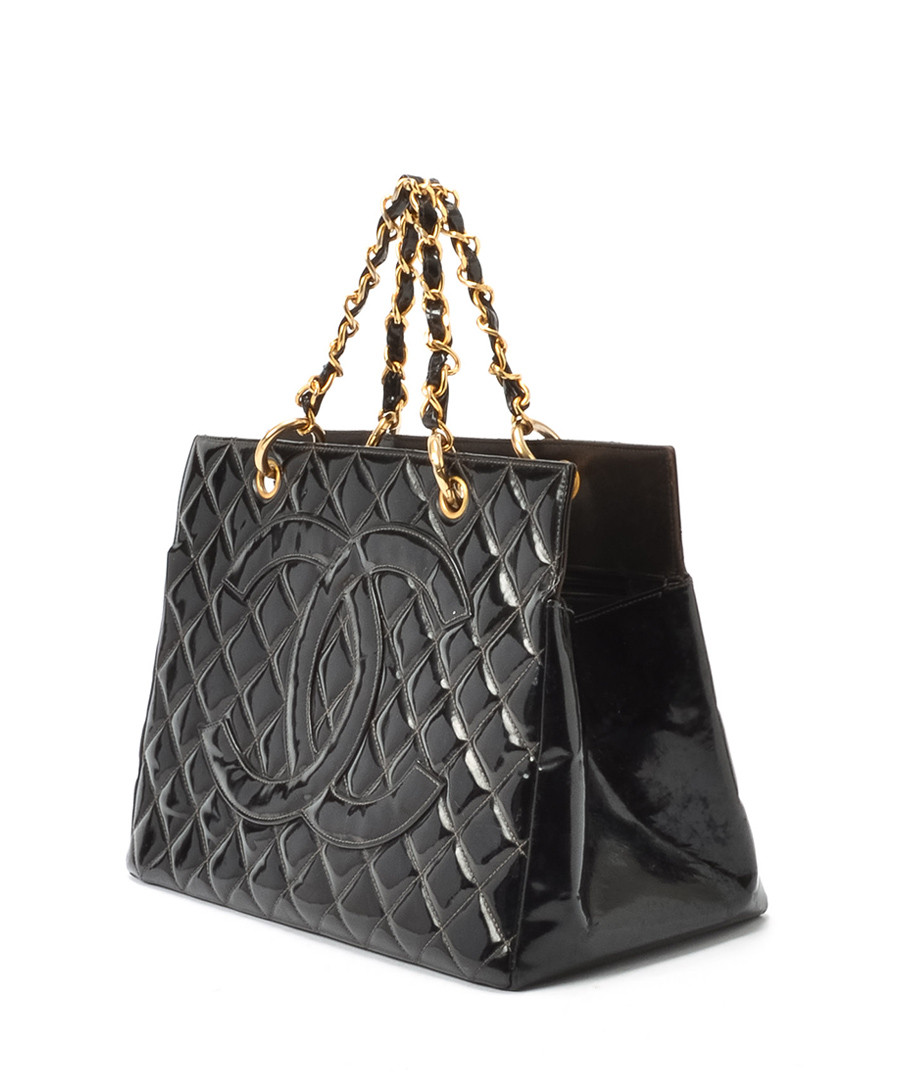 Home Vintage Chanel Handbags Black patent leather quilted tote bag